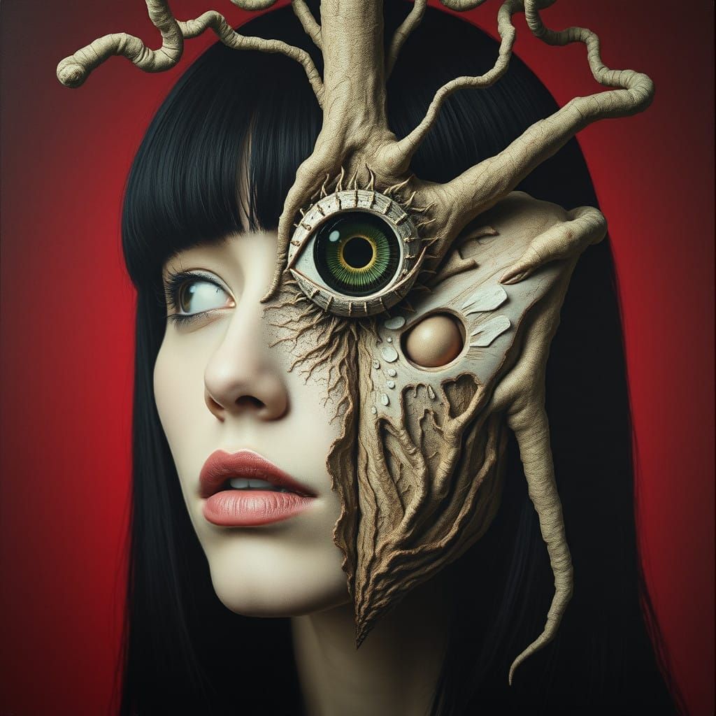 surreal depiction woman long dark hair bangs, face artistically split in half reveal abstract, organic shapes mysterious...