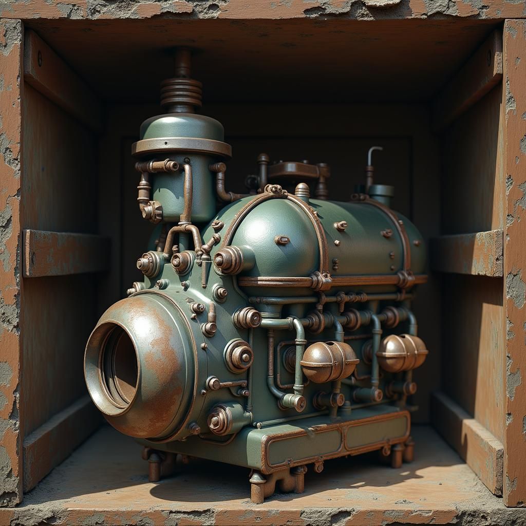 Hyperrealistic Spaceship Carburetor on Dusty Shelf