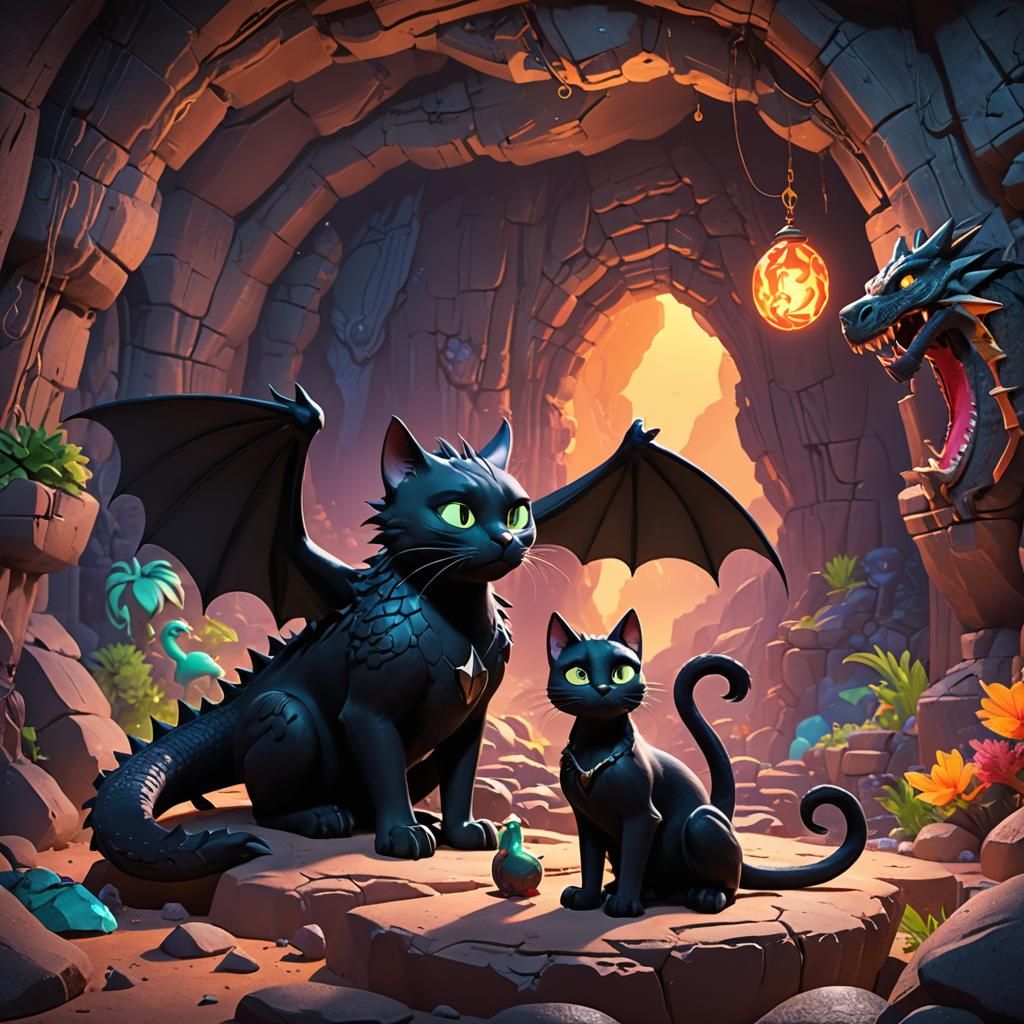 Black Cat and Dragon in Cave: 3D Digital Art