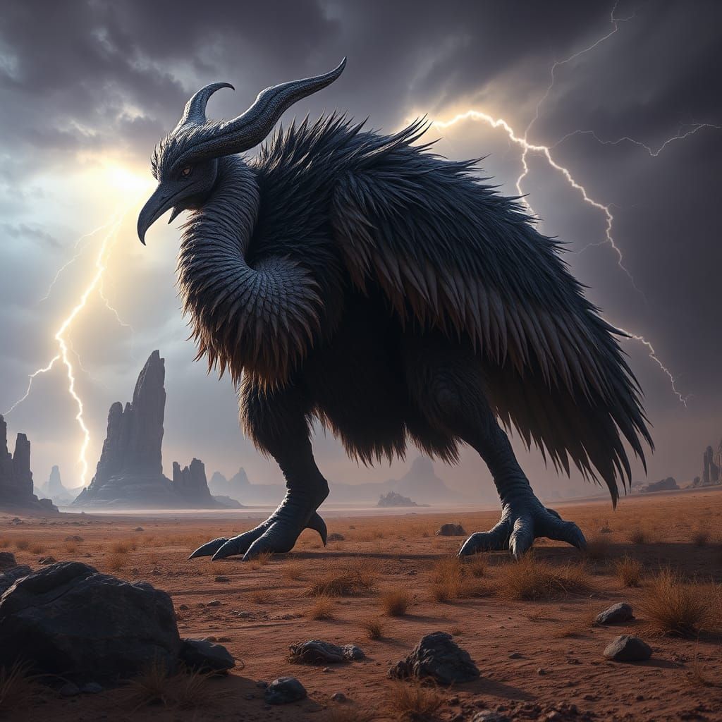 Hybrid Dzo-Ostrich Creature in Barren Wasteland