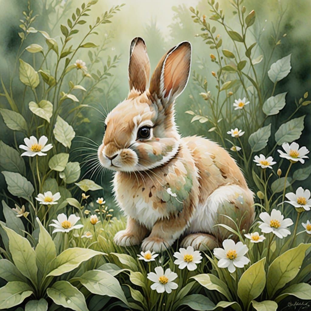 Dreamy Watercolor Bunny in Foggy Garden