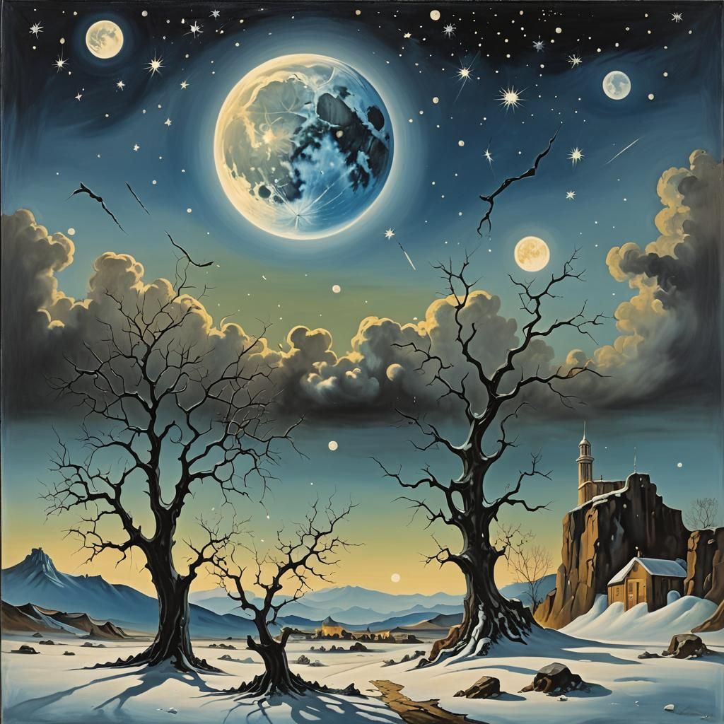Surreal Starry Night with Full Moon, Dali Style