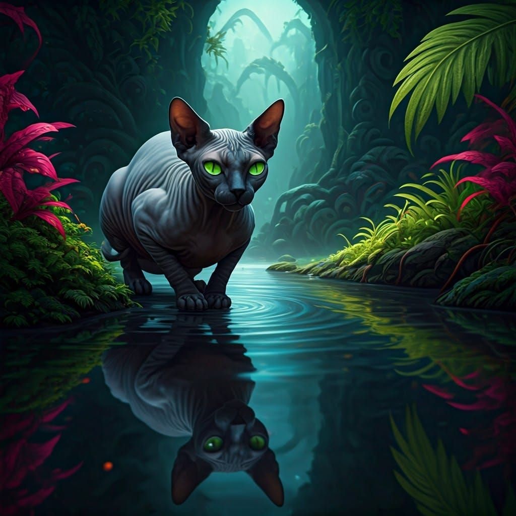 Mystical Cat Gazing into Shimmering Pool of Water