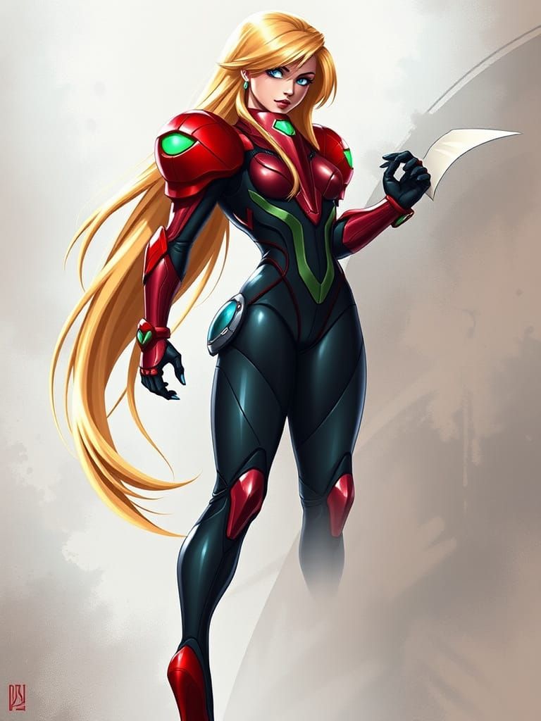 Blonde Samus Aran in Futuristic Latex Power Suit with Red Hi...