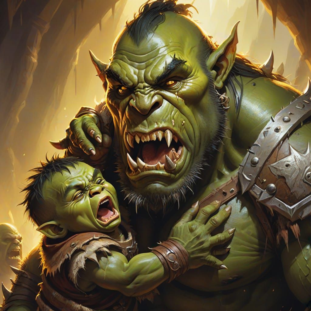 Orc Holding Crying Baby in Fantasy Art Style