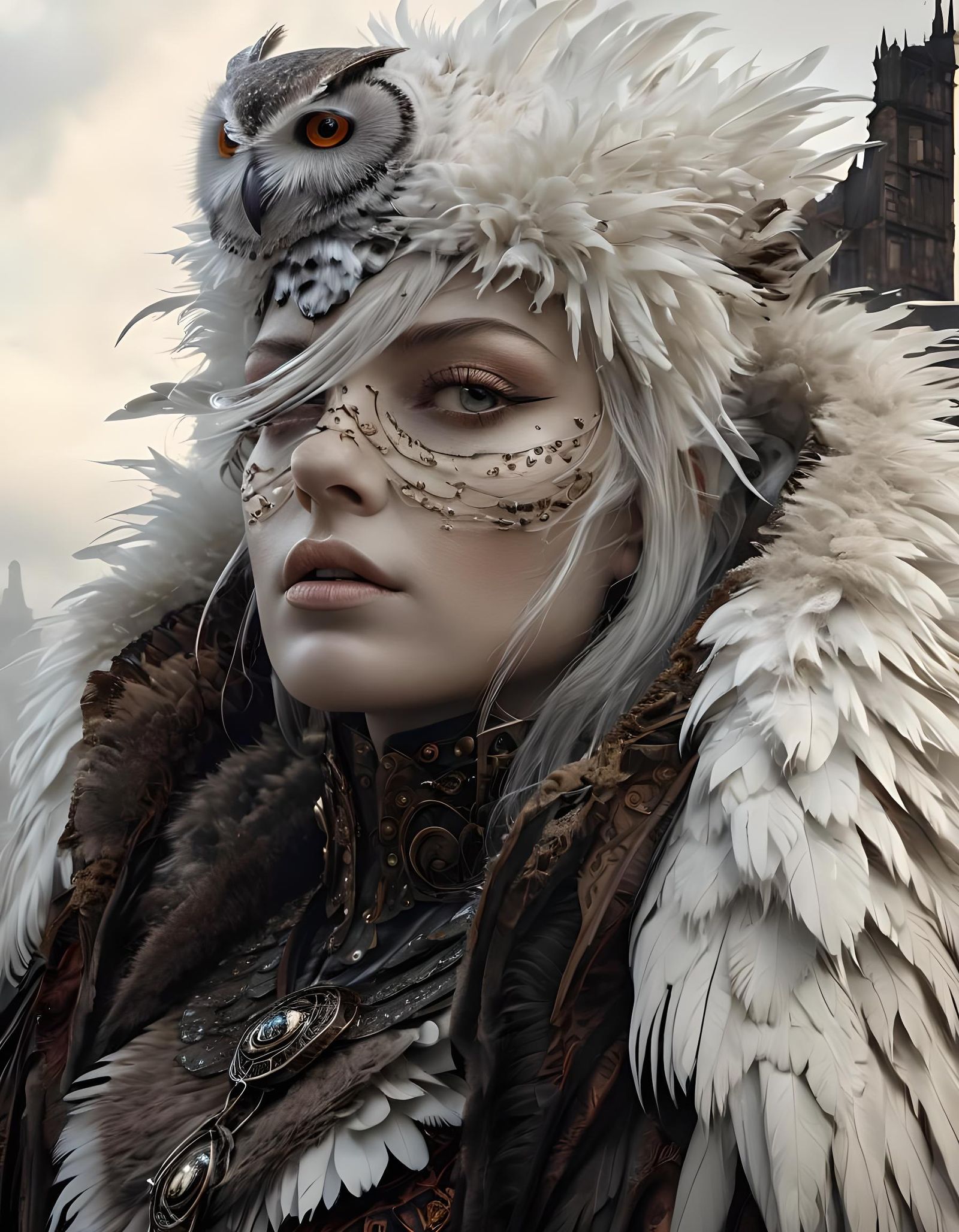 Hyperreal Concept art. Medium shot. A long fur covered owl l...