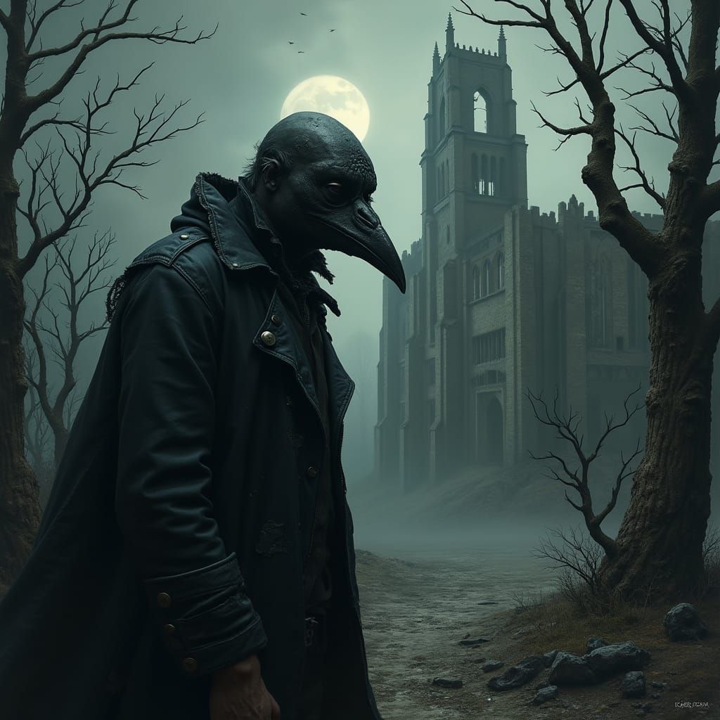 Mysterious Figure Stares into Ruins of a Gothic Cathedral