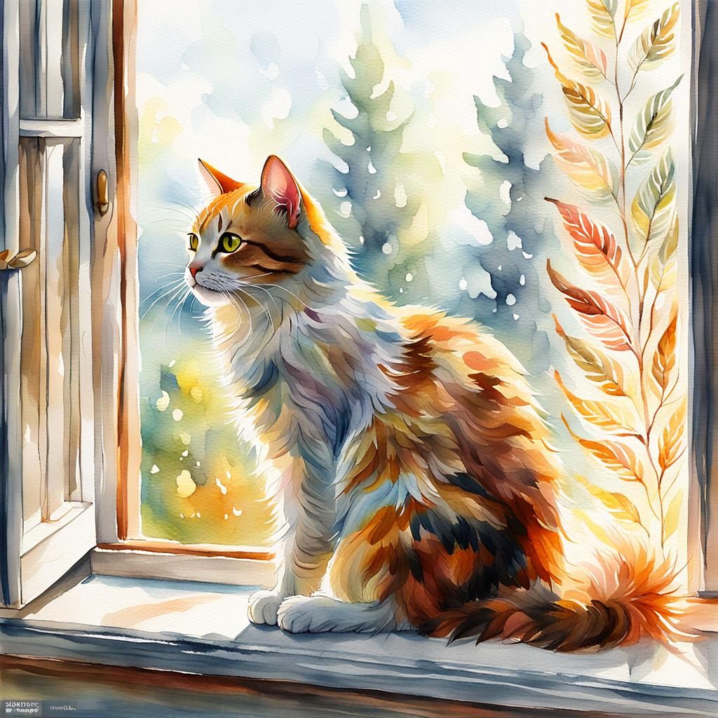 Whimsical Watercolor Cat with Wings