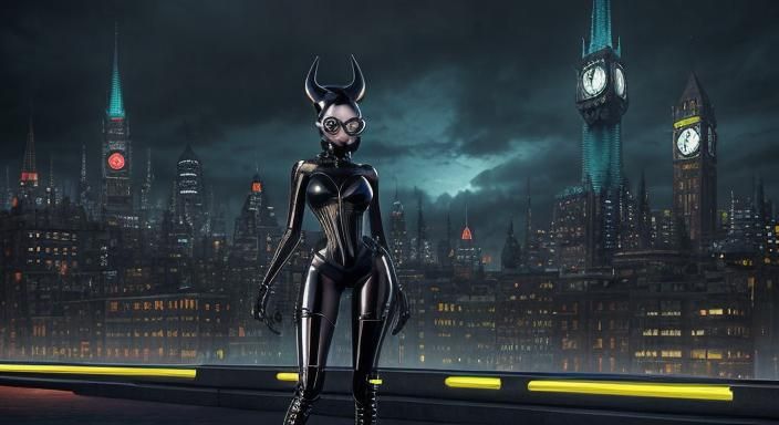 Minion Transformed: Fashionable Woman in Gothic Cityscape