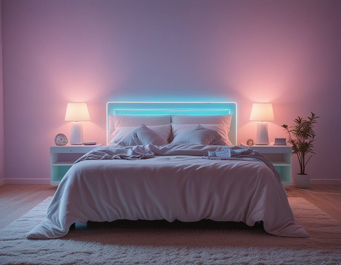 Vaporwave Bedroom with Prismatic Sunlight and Neon Highlight...