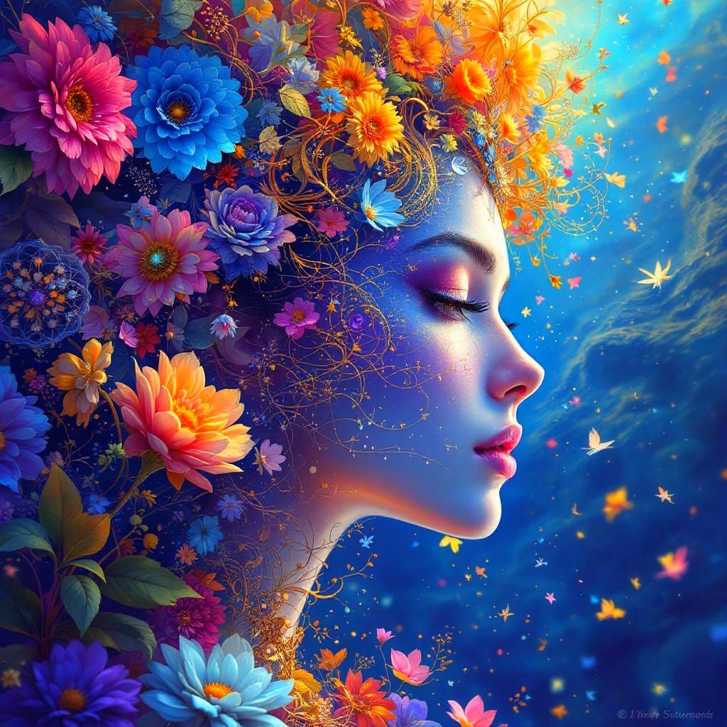 Surreal Goddess Among Vibrant Blooms