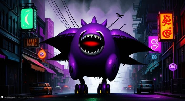 One-Eyed Purple Creature Flies Down Neon Street