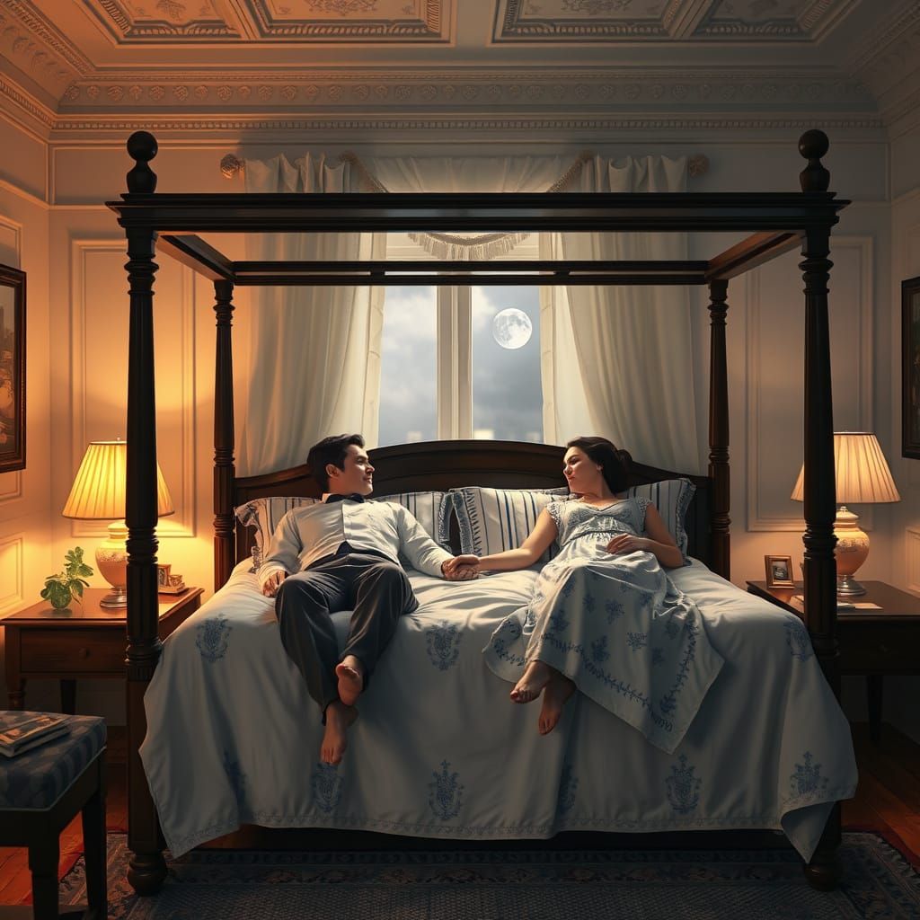 1920s Bedroom Intimacy in Soft Moonlight