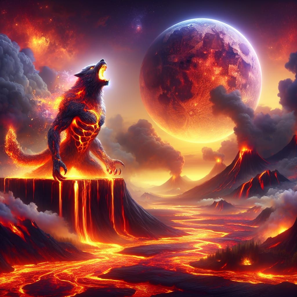 Lava Werewolf Howling at Crimson Moon