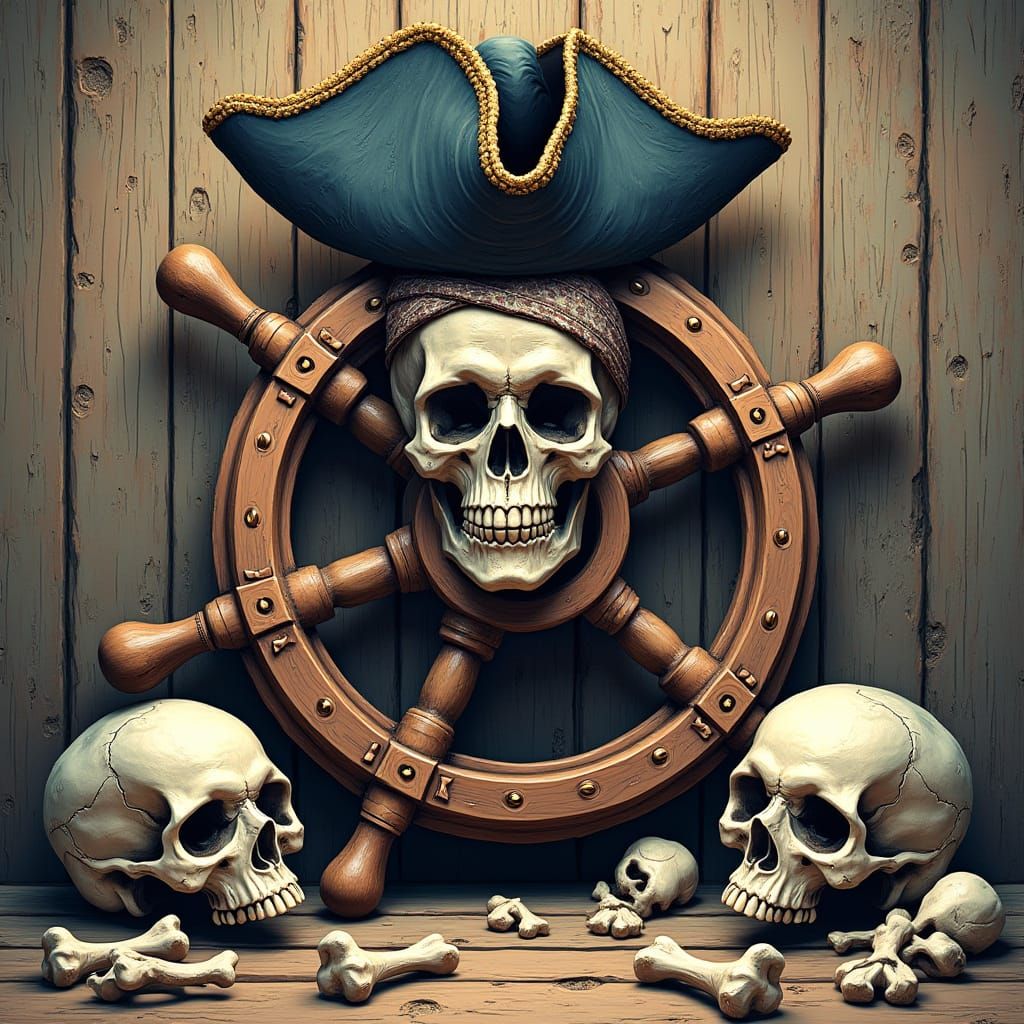 Ornate Pirate Ship Wheel with Skulls and Bones