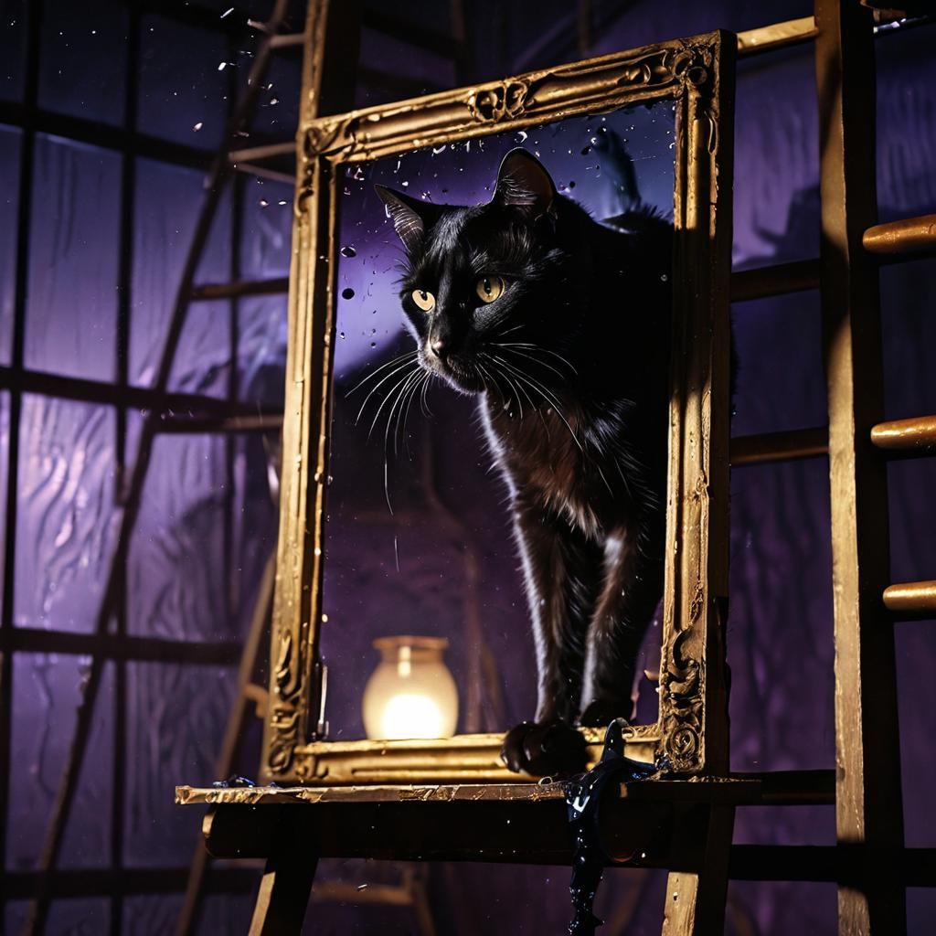 Surreal Black Cat Shatters Mirror in Cinematic Style