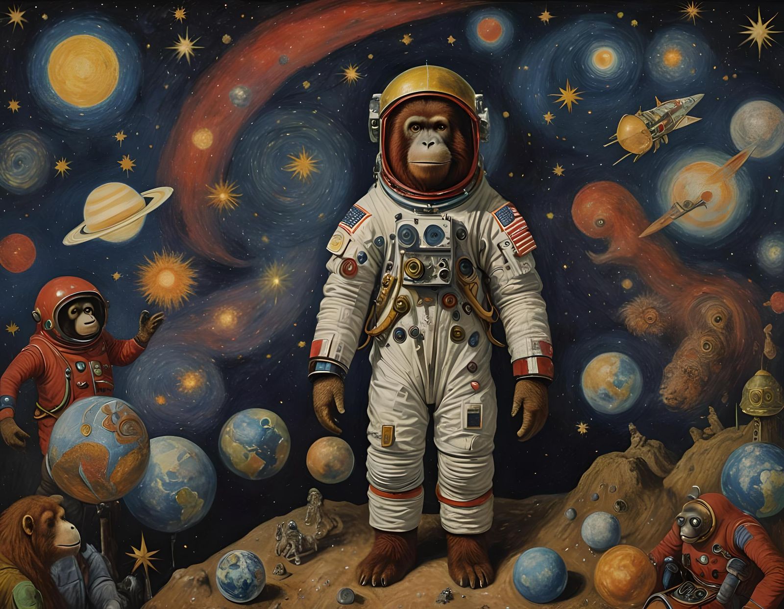 outer space  in starry night-style, orangutan in spacesuit