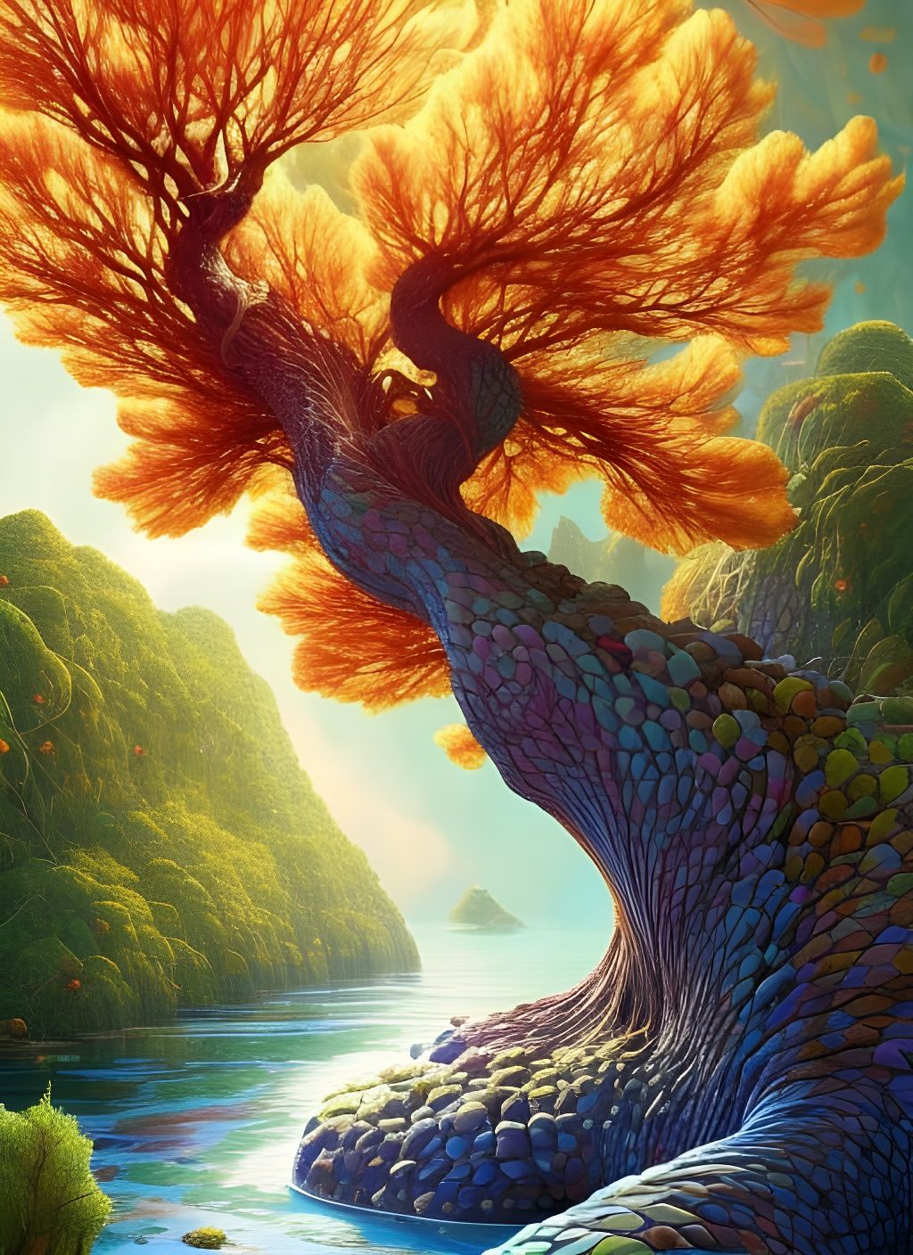 Surreal Scaly Tree in Flowery Reptile Landscape