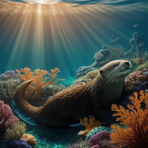 Underwater Otter Asleep in Sunbeams: Fantasy Concept Art