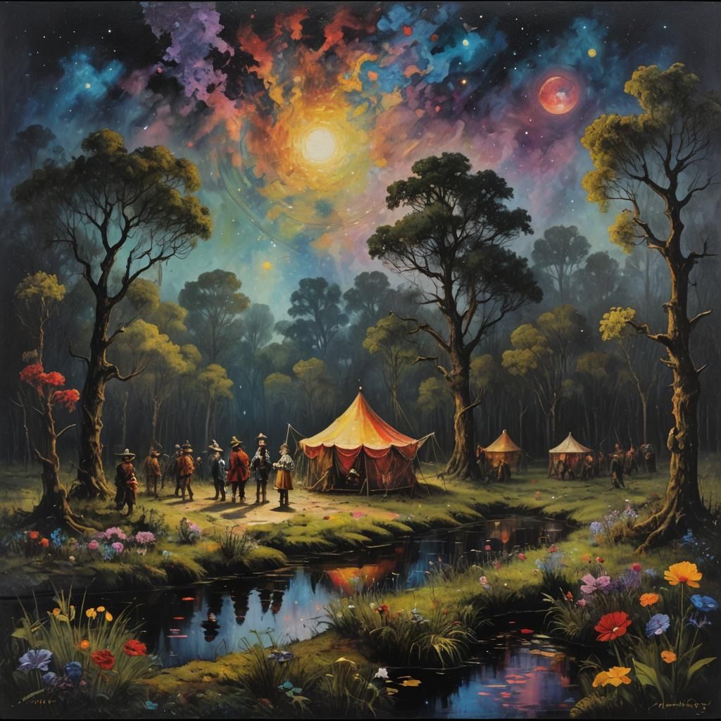 Cosmic Circus in Swamp: Impasto Oil Painting