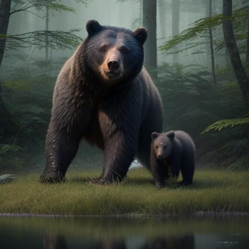 Mother Bear and Cubs in Misty Spring Forest