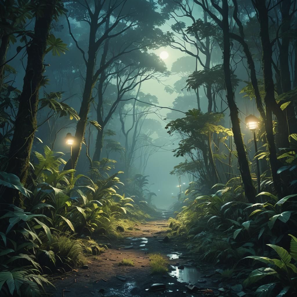 Moonlit Jungle Path in Ethereal Light