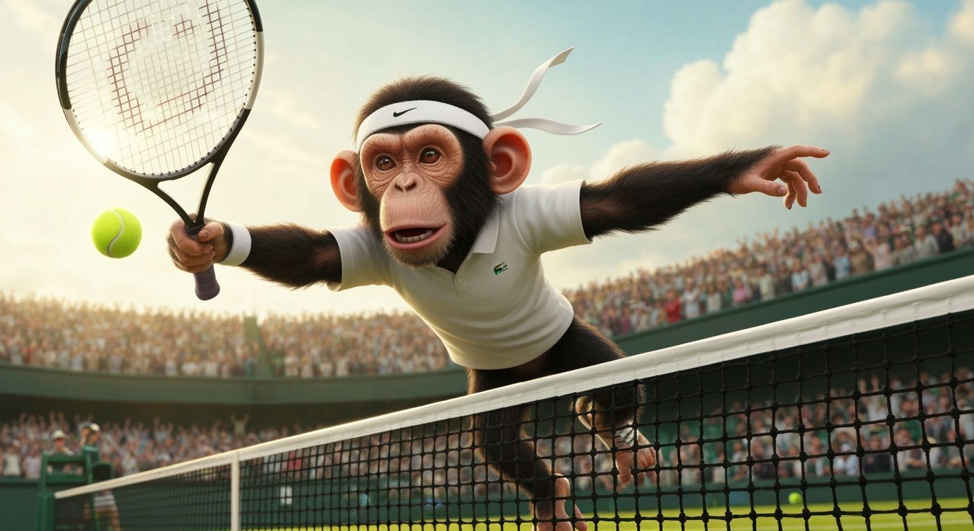 Chimpanzee Plays Tennis at Wimbledon in Painterly Realism