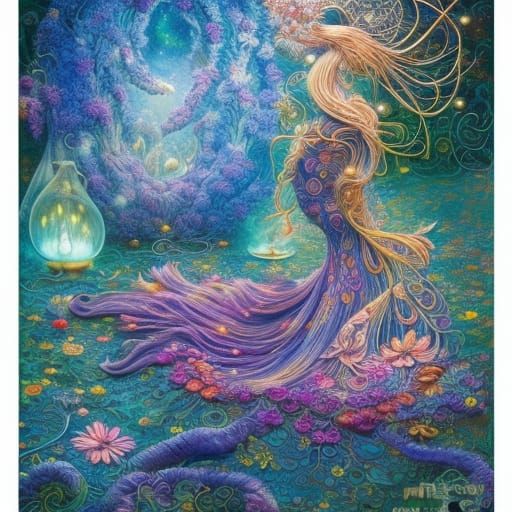 Spirit Animal in Embroidered Lace with Colorful Ink