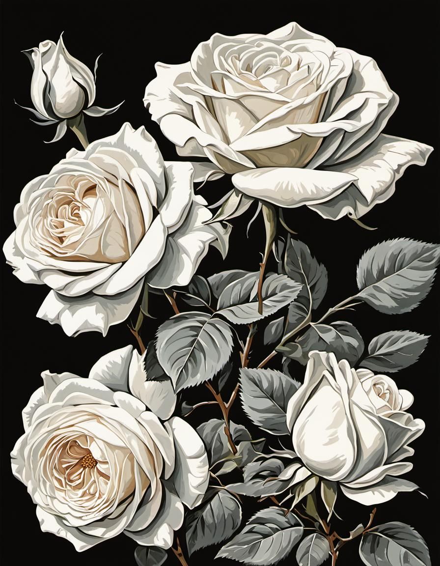 Vintage Paint By Numbers Illustration of White Roses