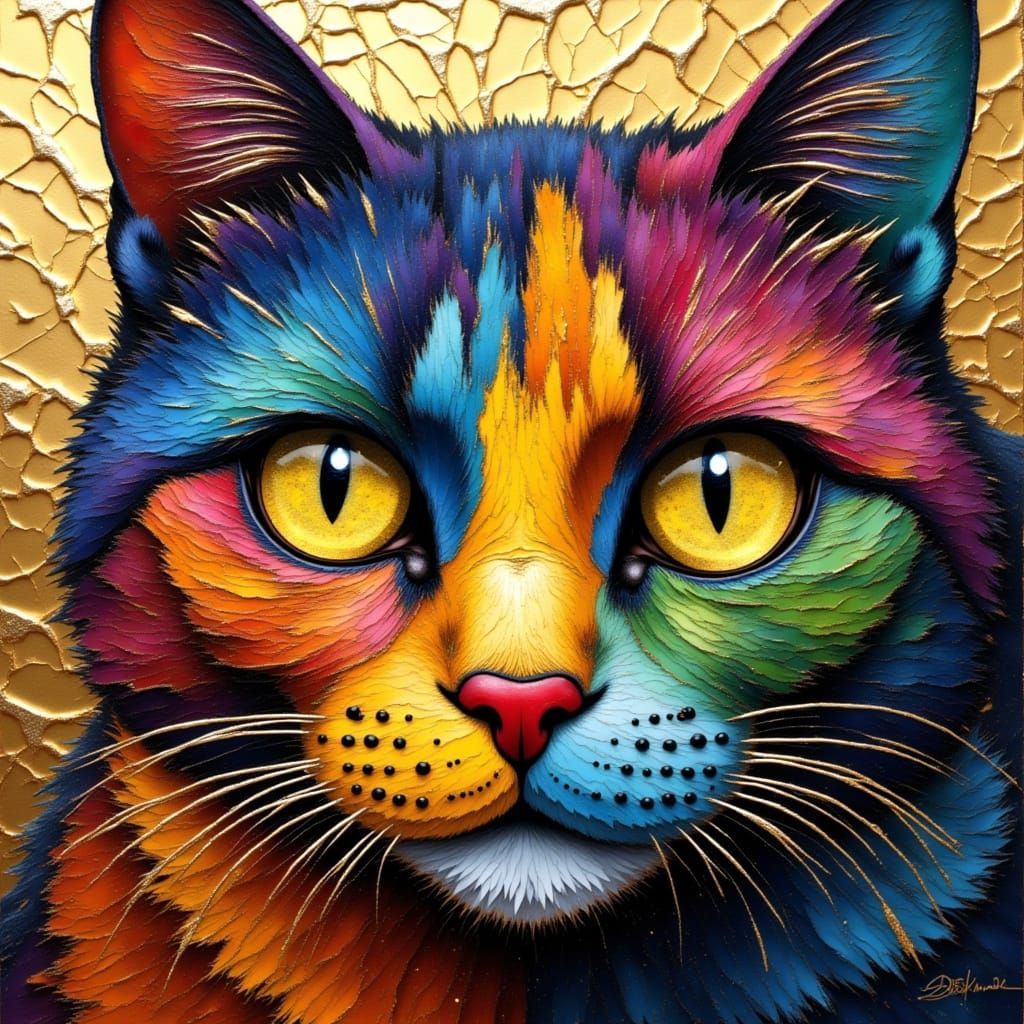 Rainbow Cat with Gold Eyes and Cracked Impasto