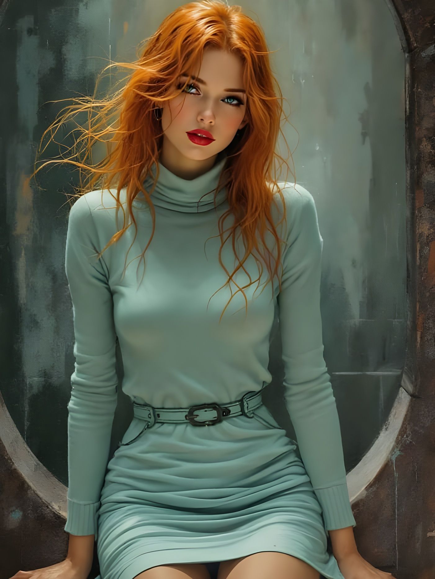 Redheaded Pin-Up Woman in Blue Dress and Stockings