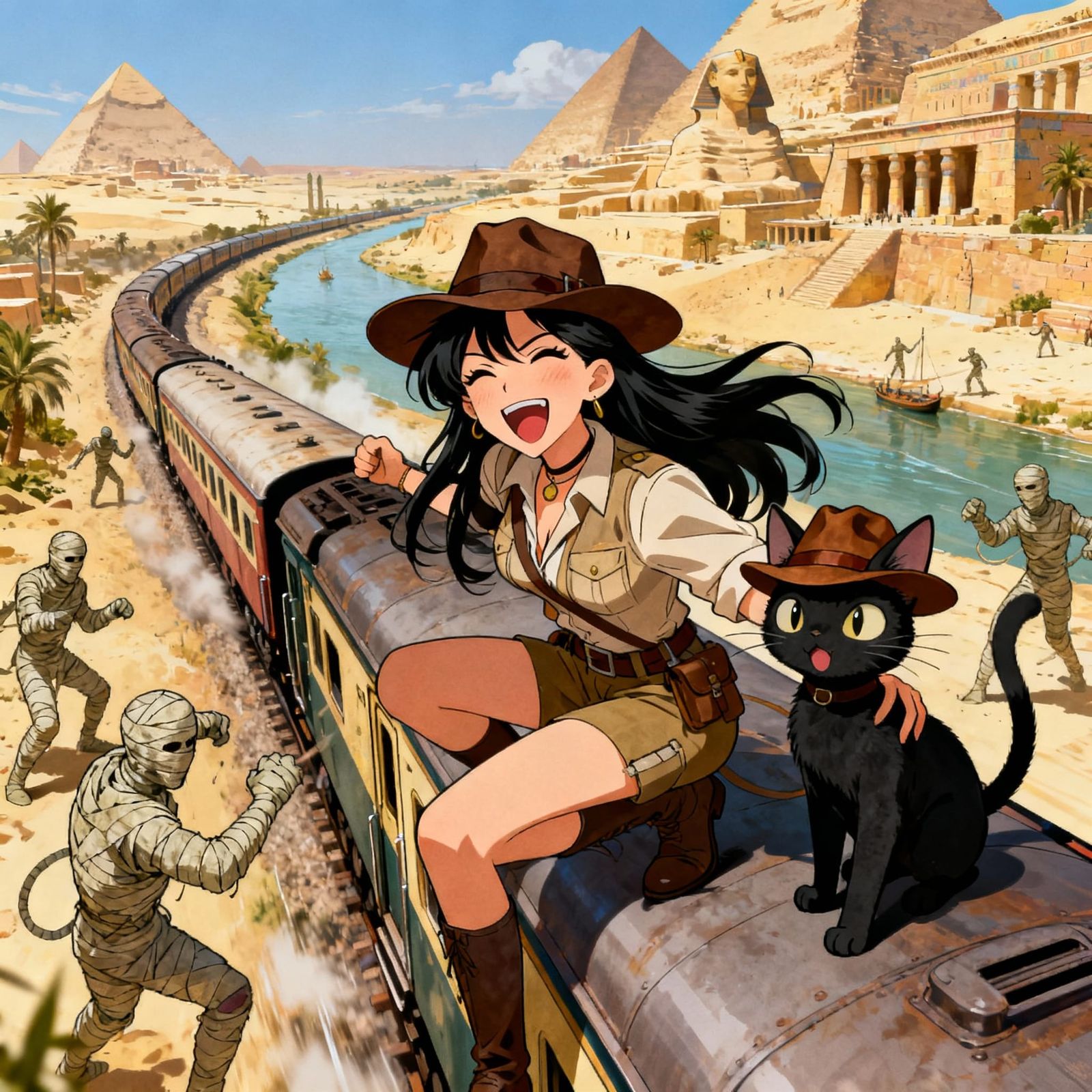 Indiana Jones Style Woman Fights Mummies with Cat on Train