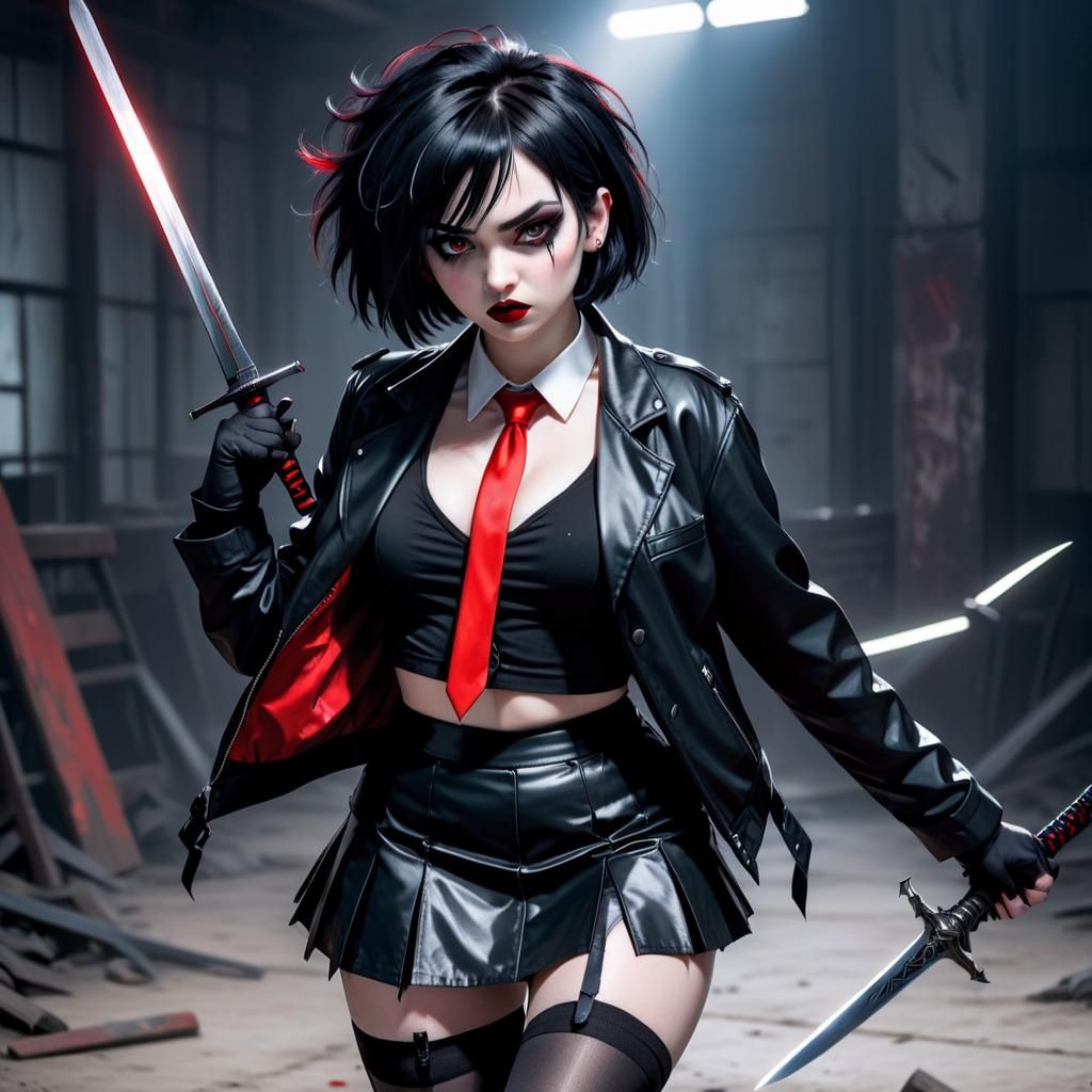 Goth Girl Sword Fight with Silver Saber