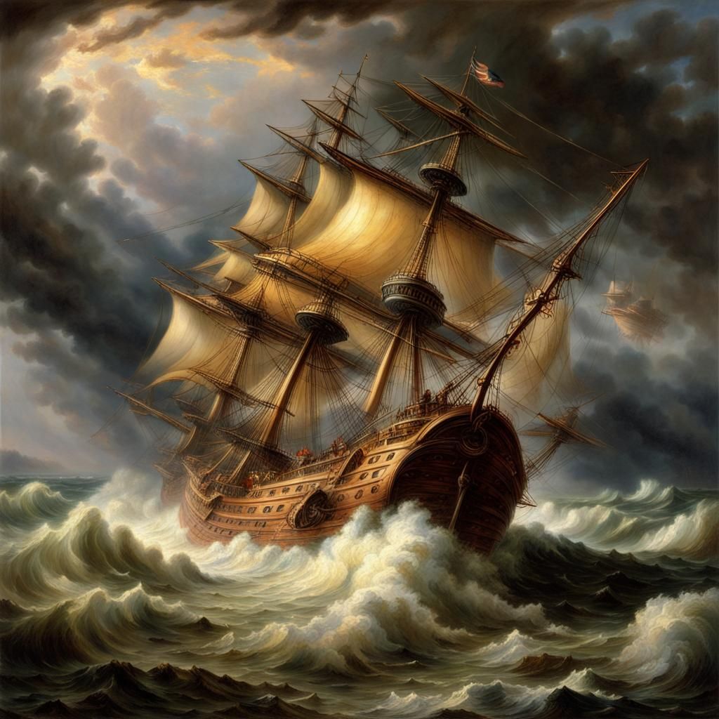 Galleon in Storm: Romanticism Style Seascape