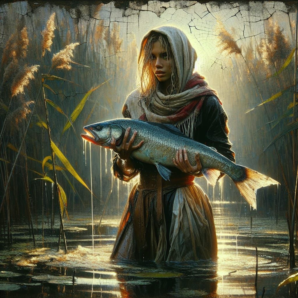 Hispanic Woman with Fish as Oil Painting