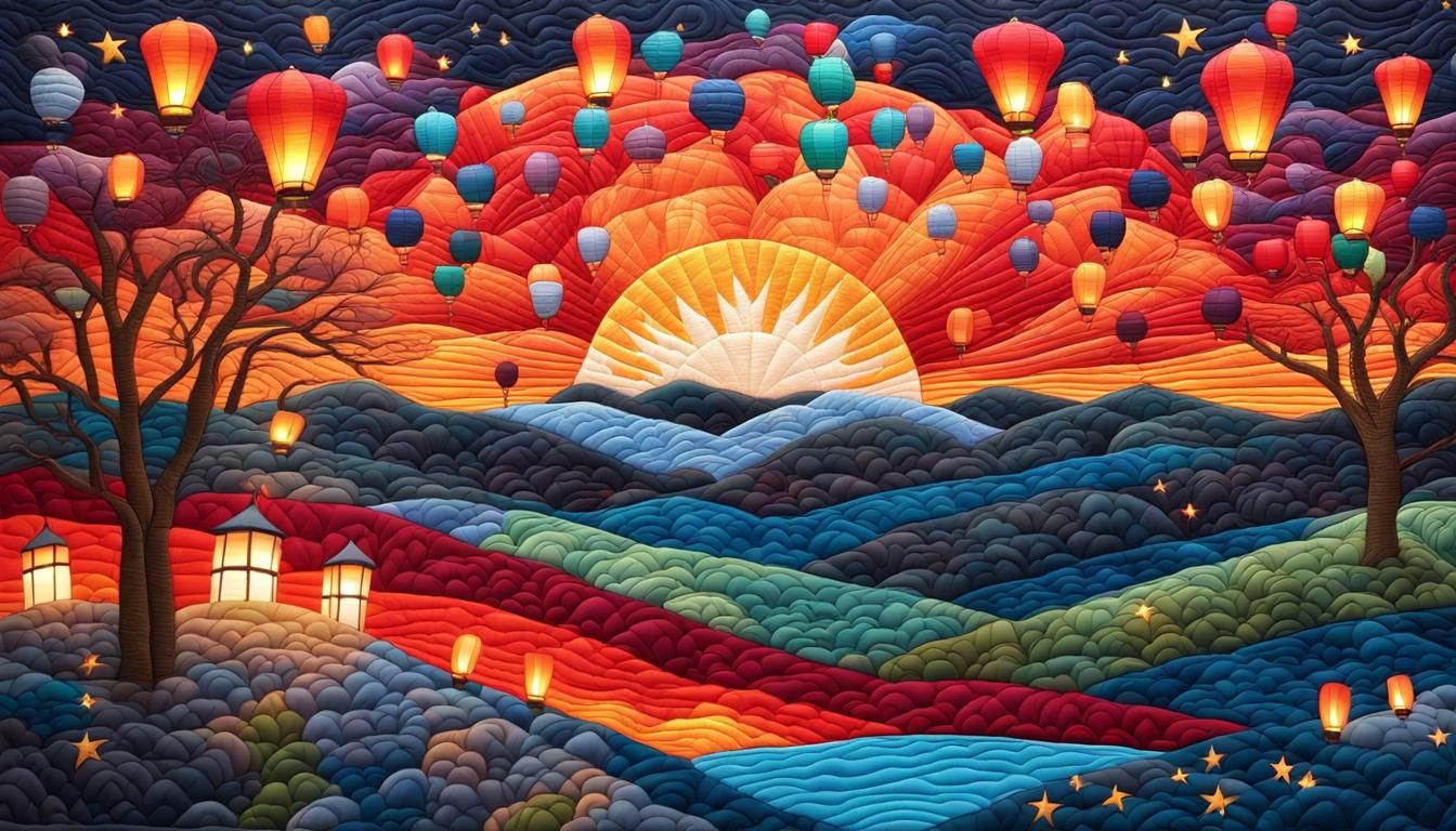 Quilted Fabric Landscape with Sunset and Lanterns