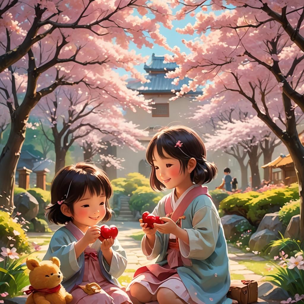 Children Sharing Toy: Ghibli-Inspired Concept Art