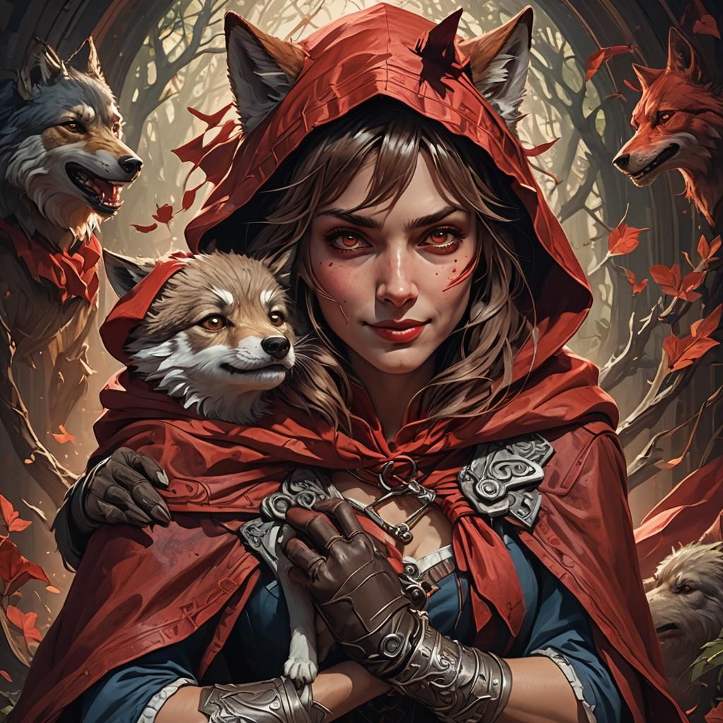 Red Ridinghood and Wolf Portrait, Hyperdetailed Art