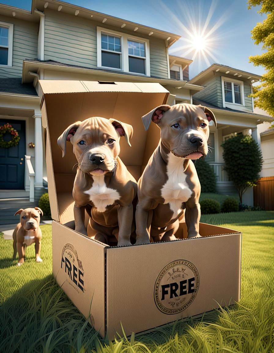 Pit Bull Puppies in Box on Lawn, Photorealistic Style