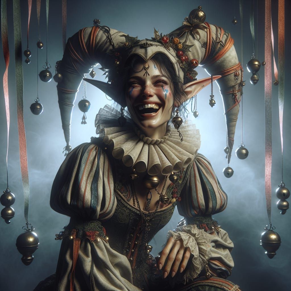 Laughing Elf Jester in a Dark Fantasy Setting