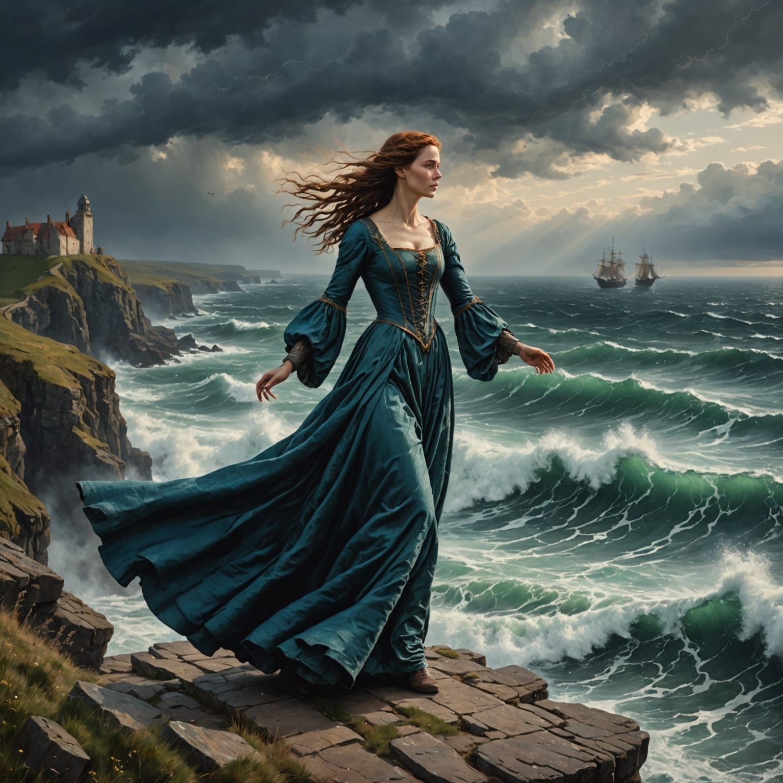Woman on Cliff Overlooking Stormy Sea