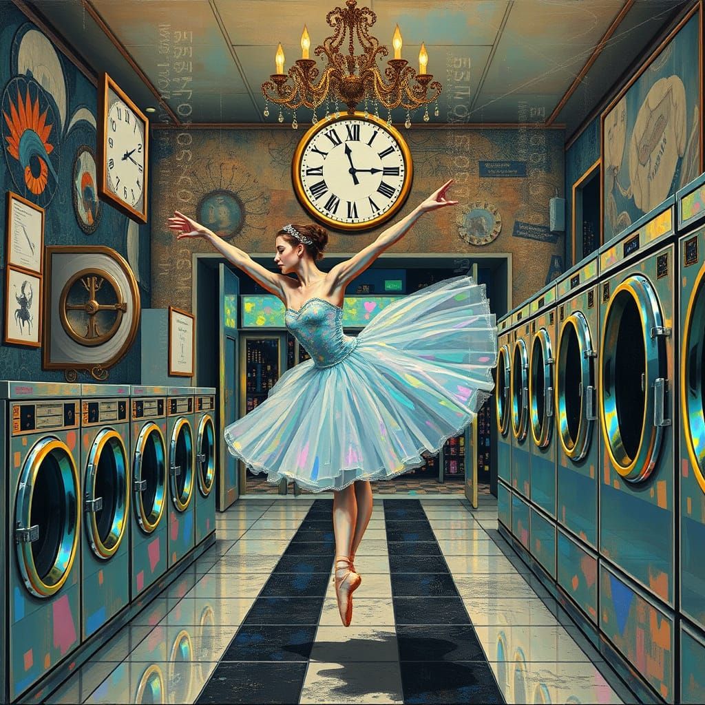 Surreal Ballerina in a Hyperdetailed City Clockscape