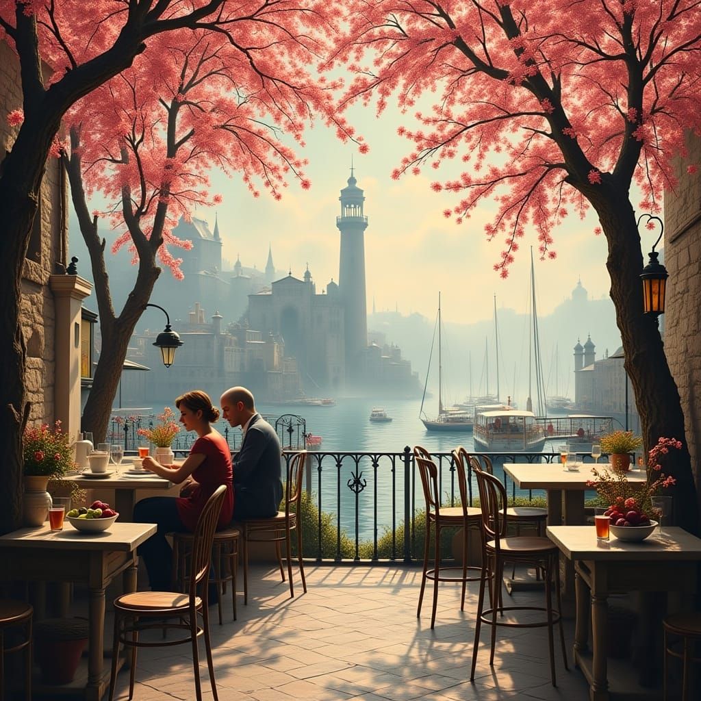 Romantic Cafe Scene with Lighthouse View