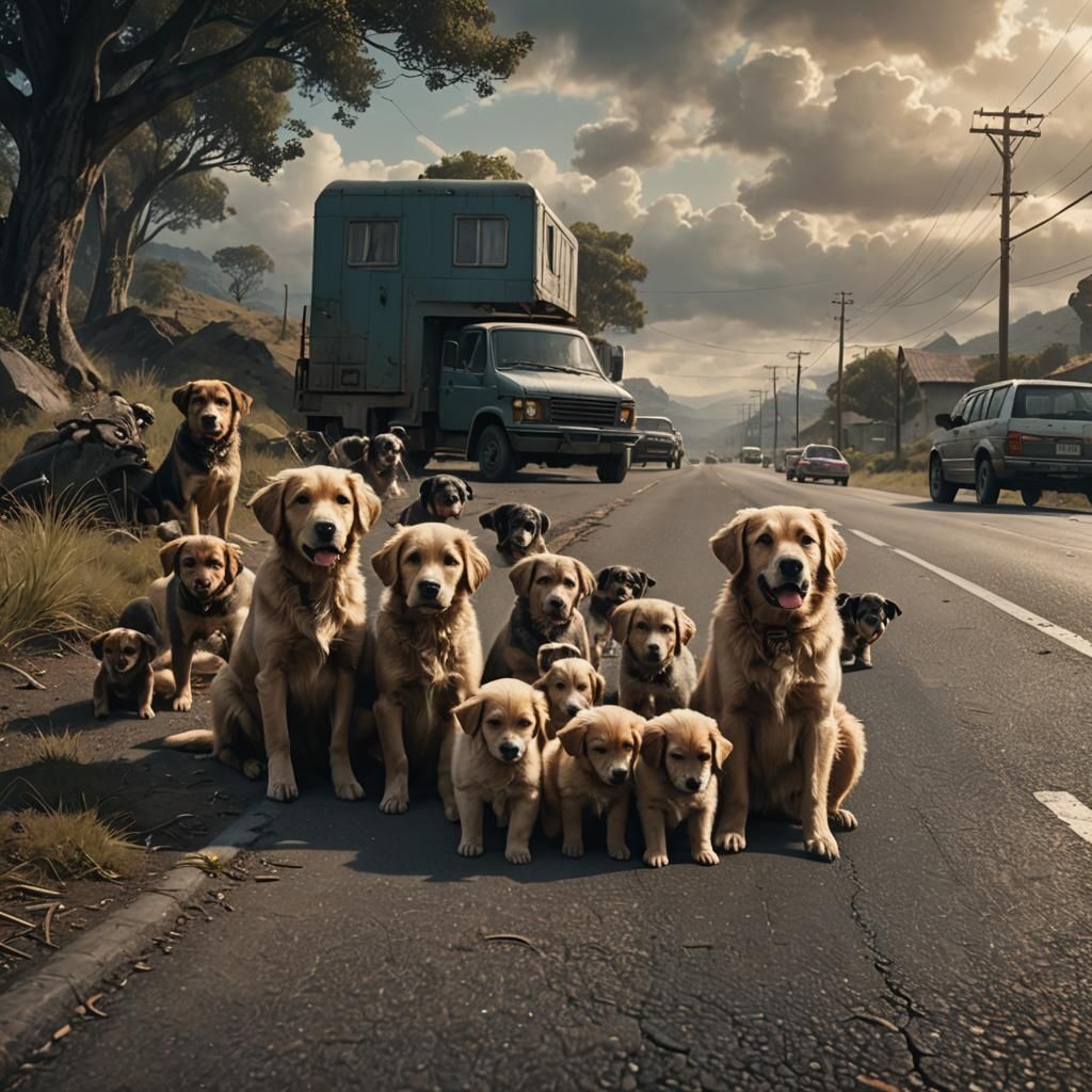 Abandoned Dog and Puppies: Dramatic Digital Painting