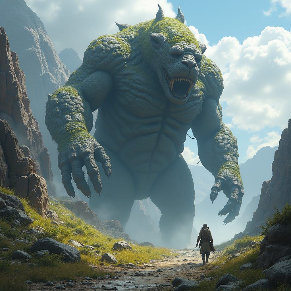 Colossal Mountain Giant in Matte Painting Style