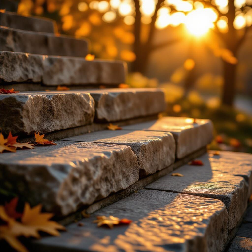 Worn Stone Stairs in Golden Hour Autumn Light