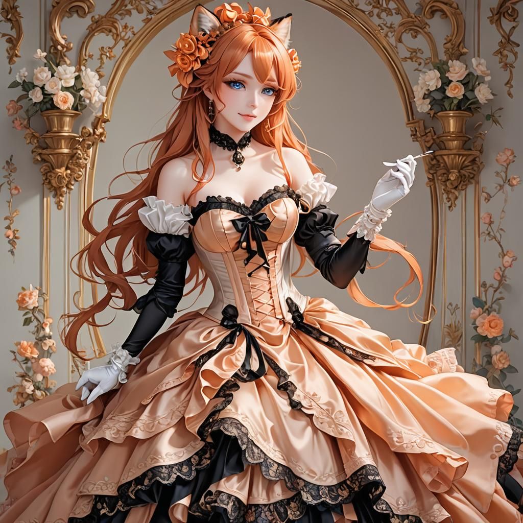Fox-Girl in Rococo Gown with Lace Gloves