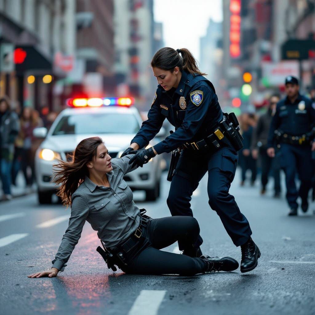 Female Officer Arrests Woman on Busy Street