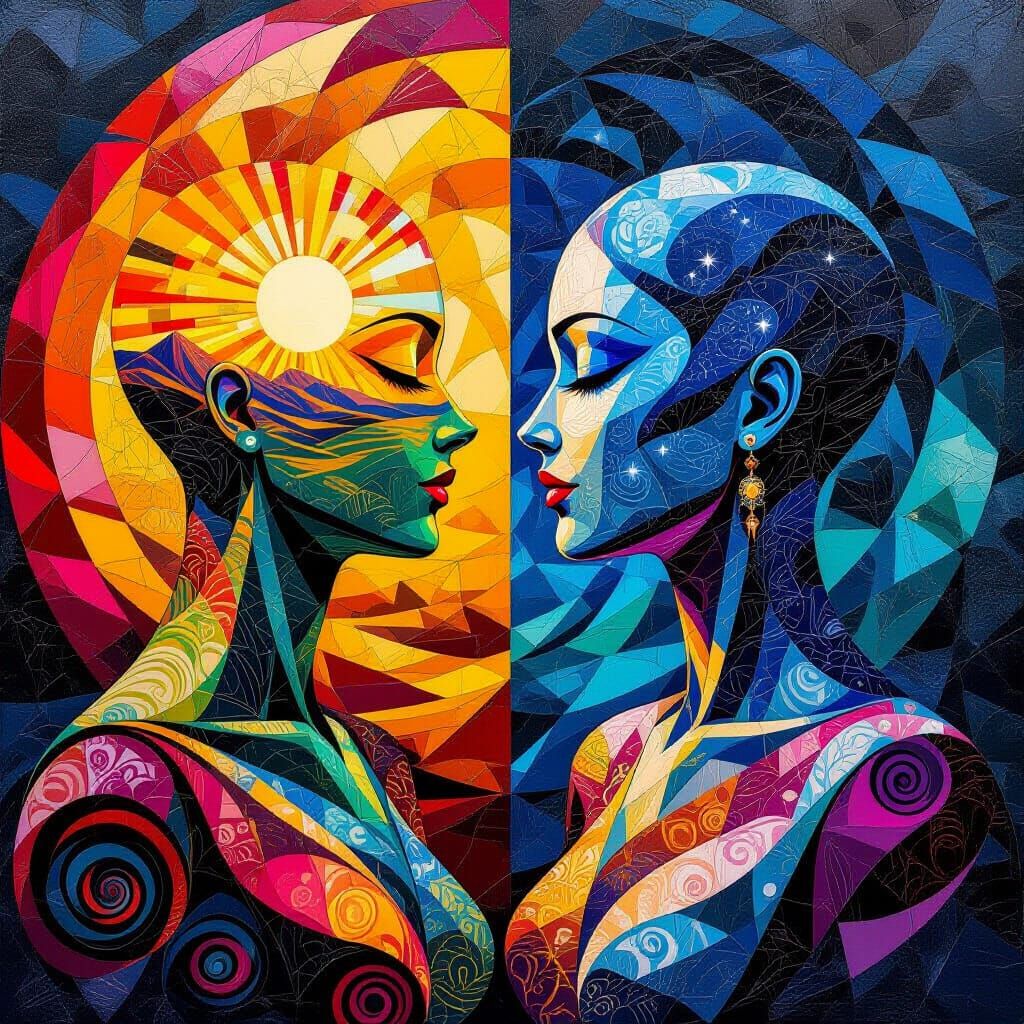 Surreal Mosaic Heads in Anime Realism Style