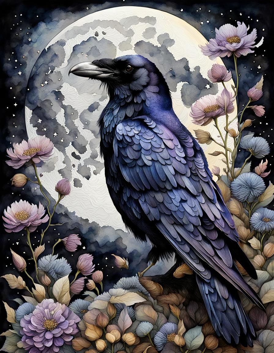 Iridescent Raven Under Moonlight in Fairy-Tale Style